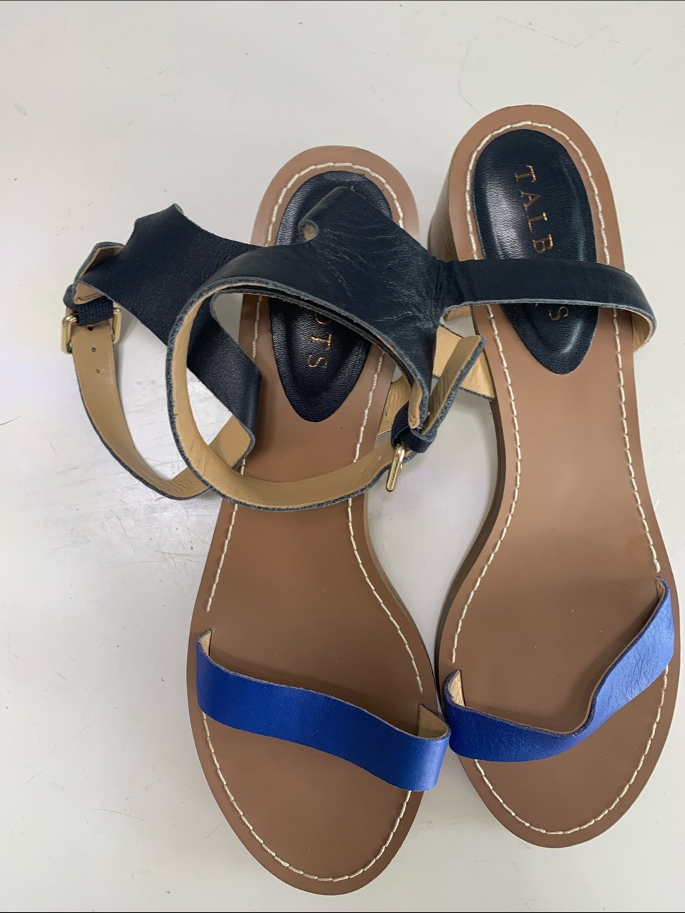 Talbots Black & Cobalt Blue Leather Ankle Strap 2 inch block heel Sandal sz 8